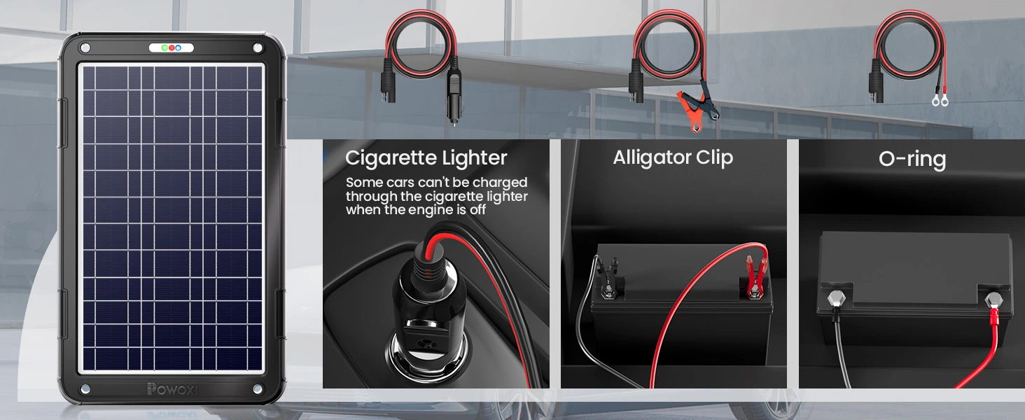 POWOXI 12W Solar Car Battery Charger 12V with Cigarette Lighter Alligator clip and O ring