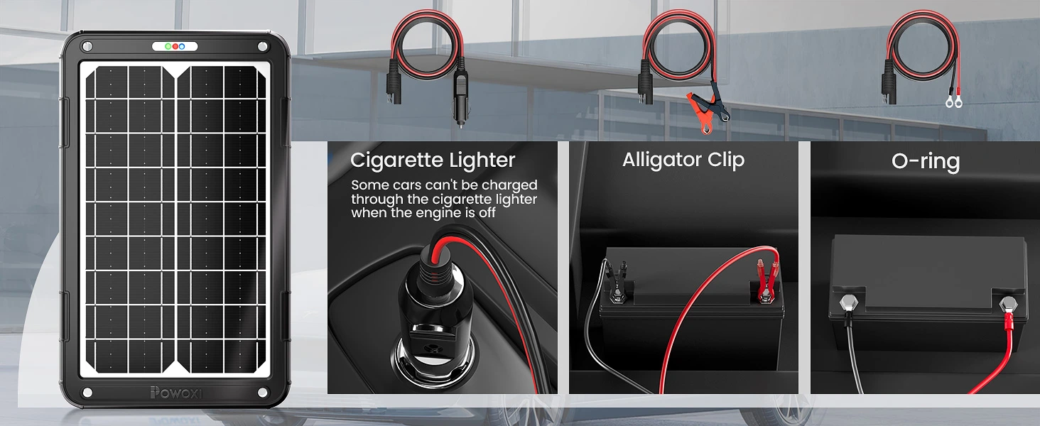 POWOXI 15W Solar Car Battery Charger 12V with Cigarette Lighter Alligator clip and O ring