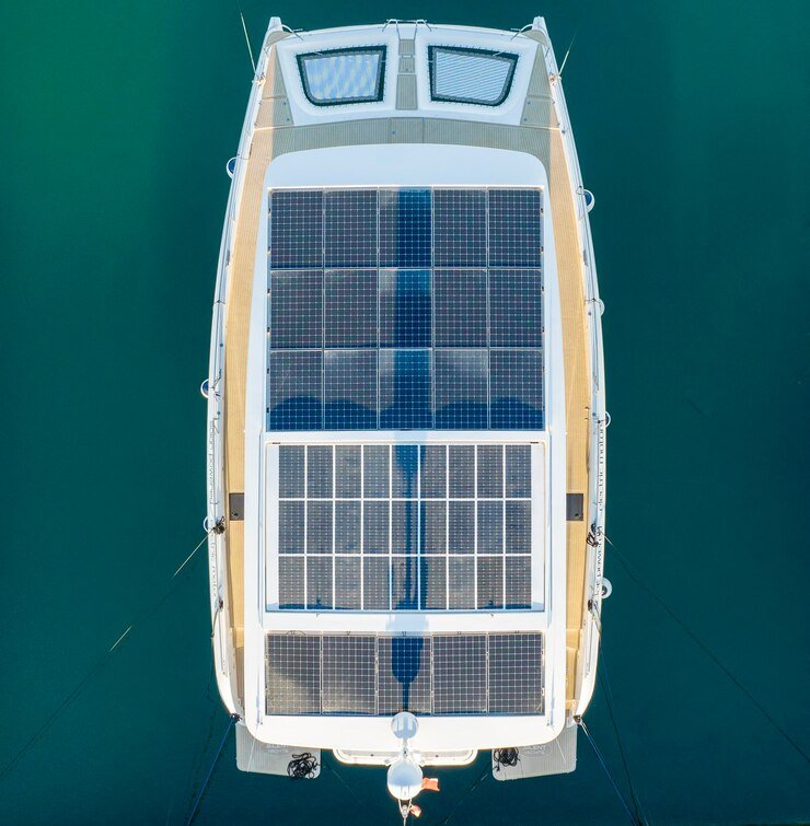 modern boat with solar panels